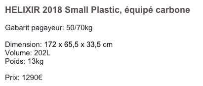 HELIXIR 2018 Small Plastic, équipé carbone

Gabarit pagayeur: 50/70kg

Dimension: 172 x 65,5 x 33,5 cm
Volume: 202L
Poids: 13kg

Prix: 1290€
