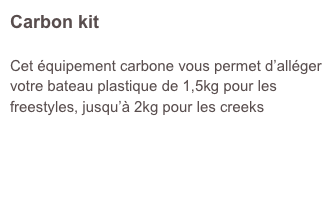 Carbon kit

Cet équipement carbone vous permet d’alléger votre bateau plastique de 1,5kg pour les freestyles, jusqu’à 2kg pour les creeks